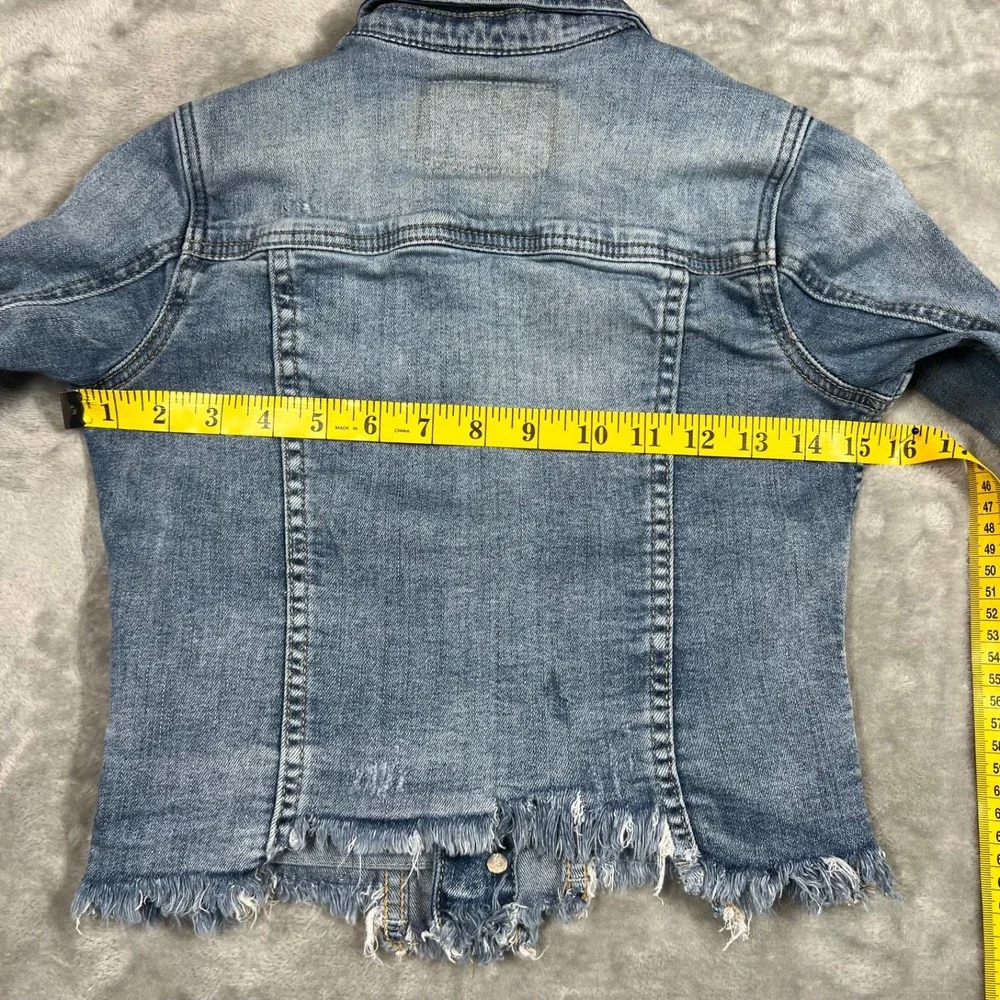 Blank NYC Cropped Blue Denim Jean Trucker Jacket Distressed Raw Hem Size S Youth